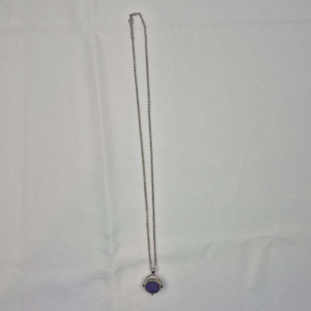 Vtg‎ Rotating Pendant Necklace Purple Druzy Glitter Watch Face Silver Tone 29